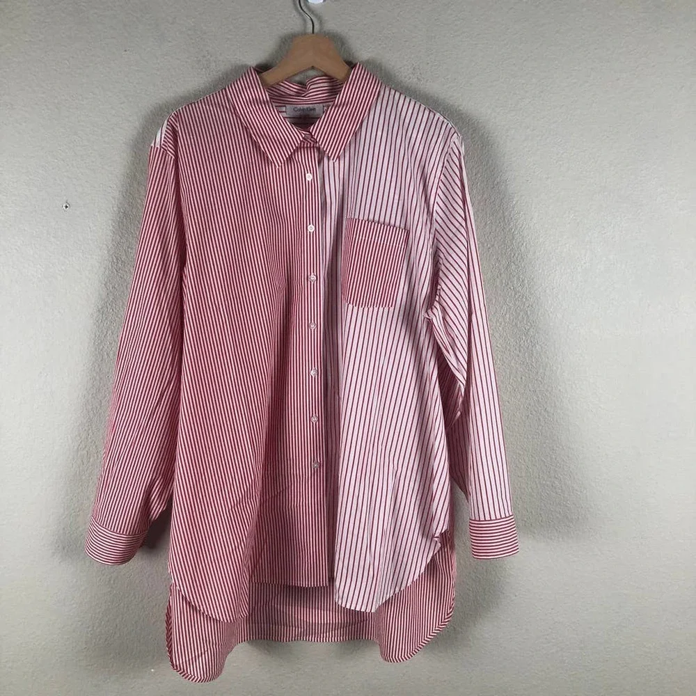 CALVIN Klein Shirt Red White Striped Colorblock Collared Trendy Size 1X Large - Picture 11 of 13
